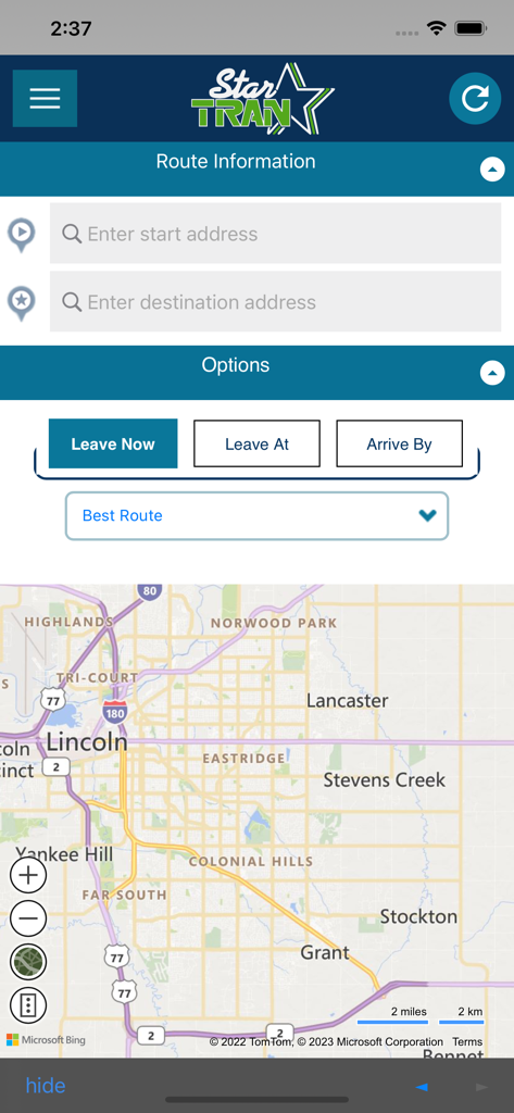 RideLNK - RideLNK app route planning screen with address inputs and a transit map of Lincoln Nebraska