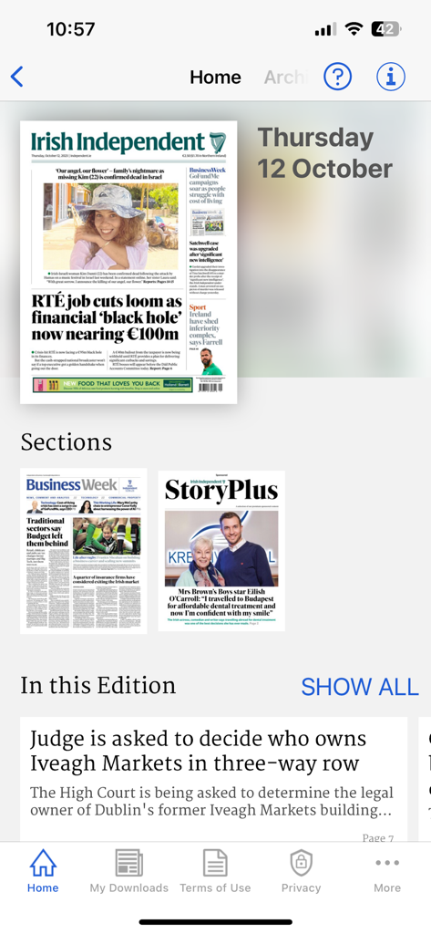 Irish Independent ePapers - Home screen of the Irish Independent ePapers app displaying the daily digital edition and newspaper sections