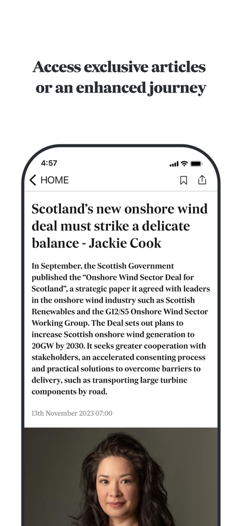 Uno schermo mobile che mostra un articolo di notizie dall'app The Scotsman su un accordo di energia eolica onshore della Scozia.