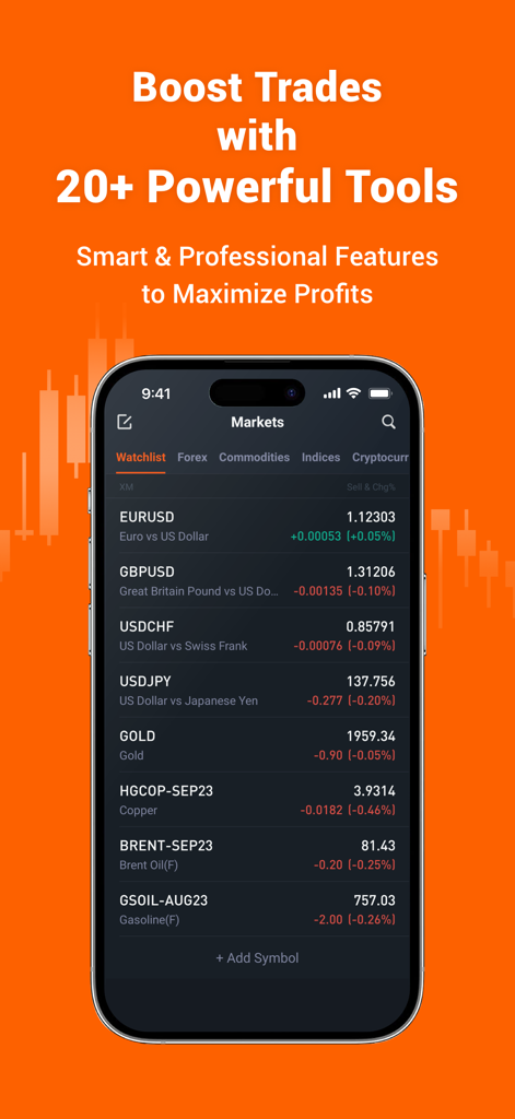 Pocket Forex- AI Trade Signals - Application mobile Pocket Forex affichant une liste de surveillance des prix du marché des devises et des matières premières en temps réel