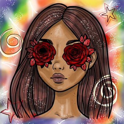 a realistic girl with roses for eyes