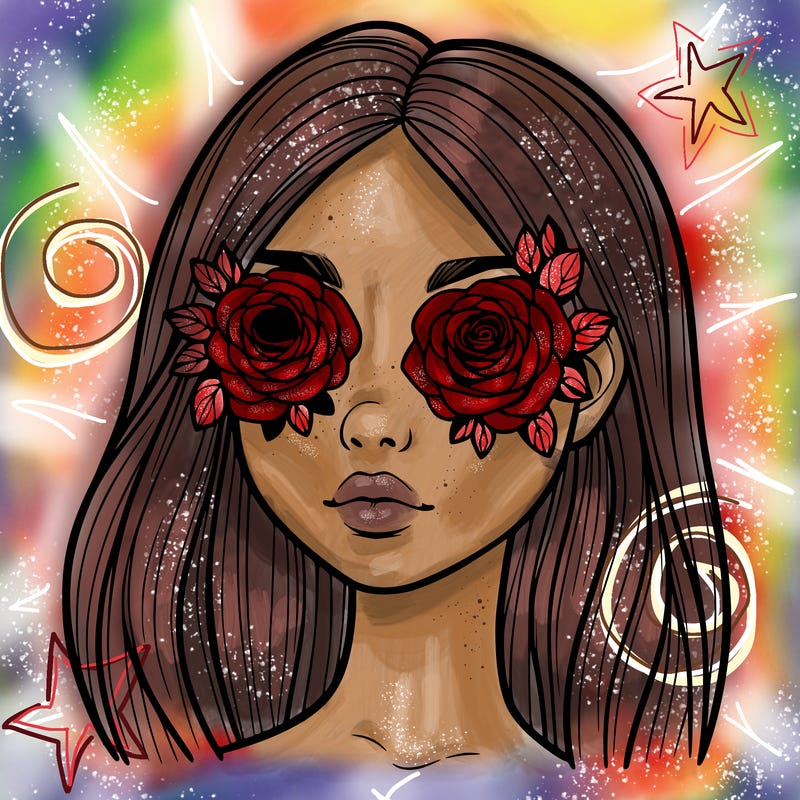 a realistic girl with roses for eyes