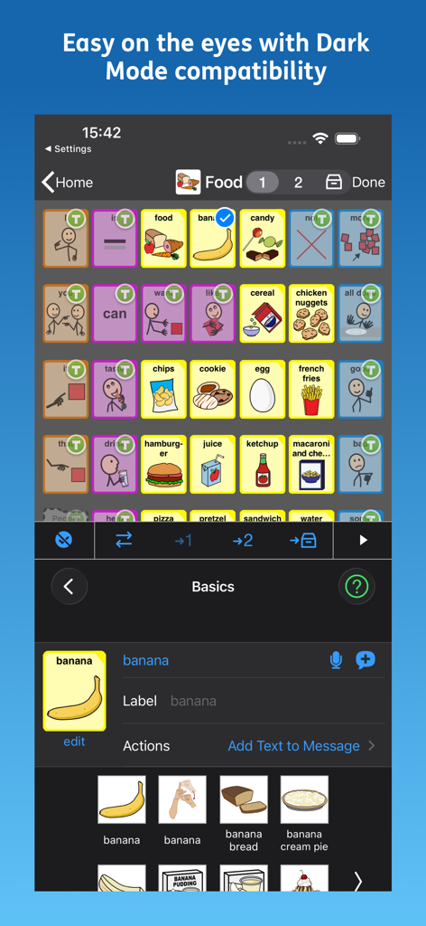 Proloquo2Go AAC - Proloquo2Go AAC app interface in dark mode displaying a food category grid and symbol editing options