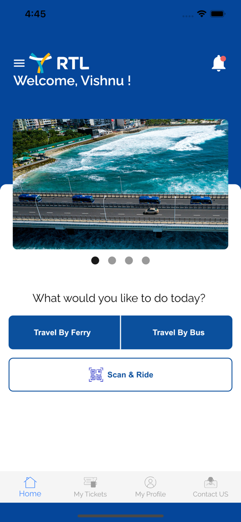 RTL Travel App - Écran d'accueil de l'application RTL Travel avec options de réservation de ferry et de bus aux Maldives