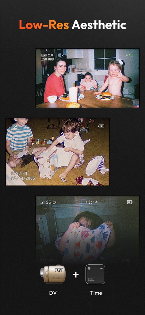 Ejemplos de filtros estéticos de baja resolución y de videocámara DV vintage con marcas de fecha en fotos familiares