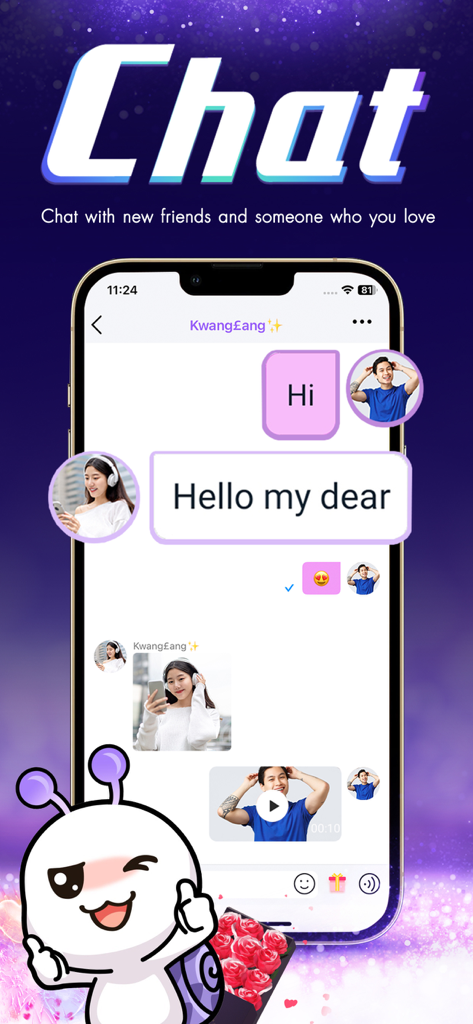 TakeMe - Live Stream - A screenshot of the TakeMe app chat interface showing messages exchanged between two users with profile pictures and text bubbles.