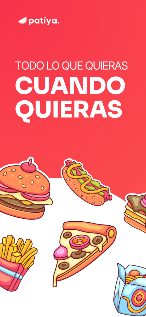 PatiYA - App Delivery - PatiYA delivery app screen with food illustrations and Spanish slogan
