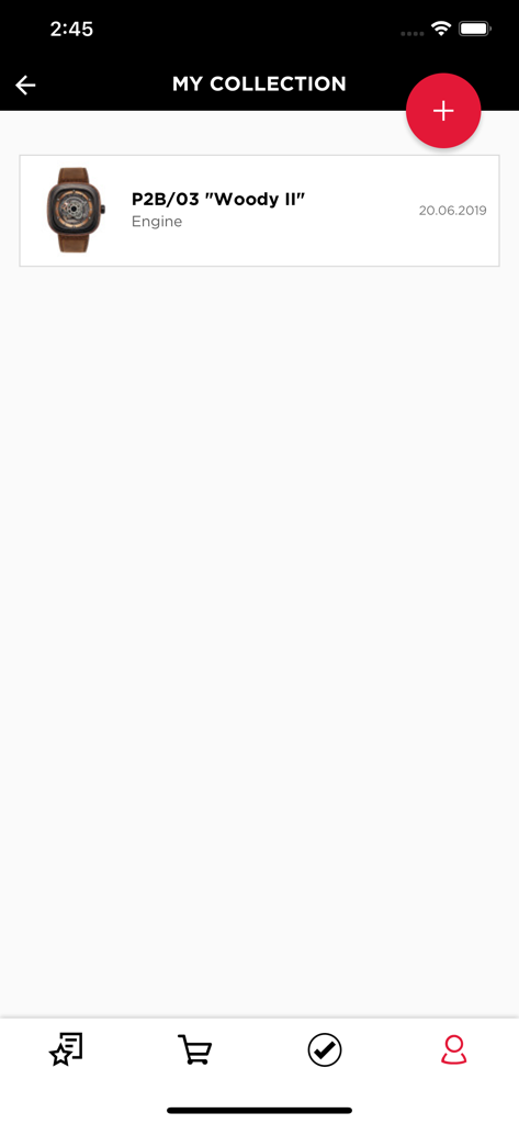 Pantalla de la aplicación móvil mostrando un reloj SEVENFRIDAY Woody II registrado en la sección Mi Colección