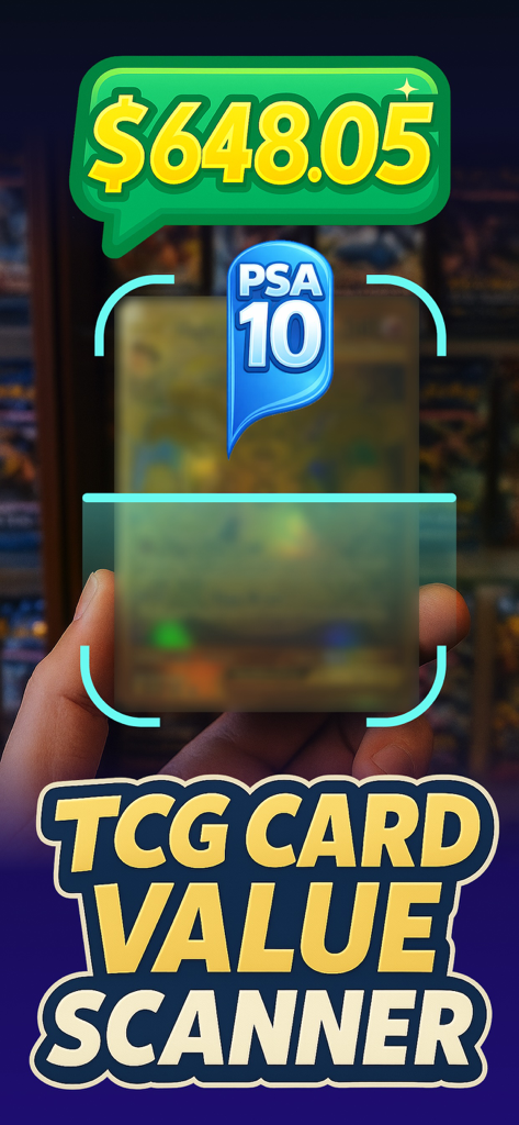TCG Card Value Scanner: Arcane - TCG Card Value Scanner app interface scanning a trading card showing a PSA 10 grade and market value