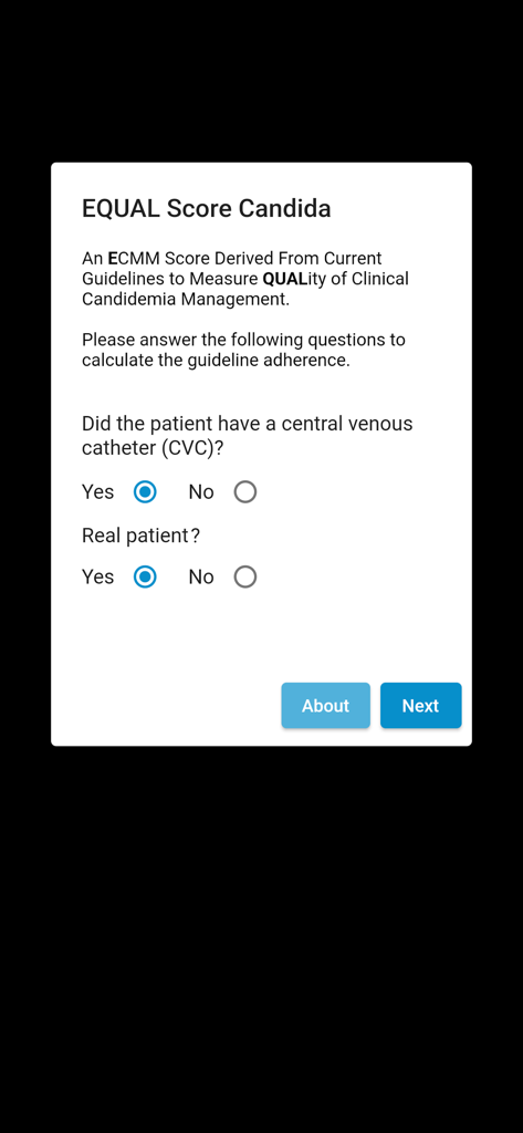 Interfaz de cuestionario clínico en la aplicación médica EQUAL Score Candida preguntando sobre la gestión del paciente.