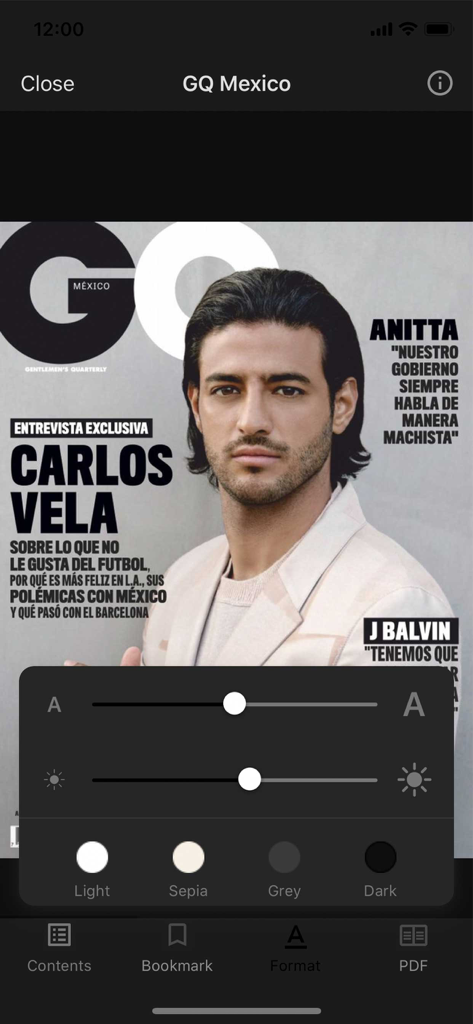 GQ México - A screenshot of the GQ México digital magazine reader featuring Carlos Vela on the cover with adjustable formatting and display settings.