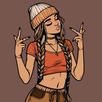 realistic teenage girl with braids and a beanie and crop top doing 🫶🏼