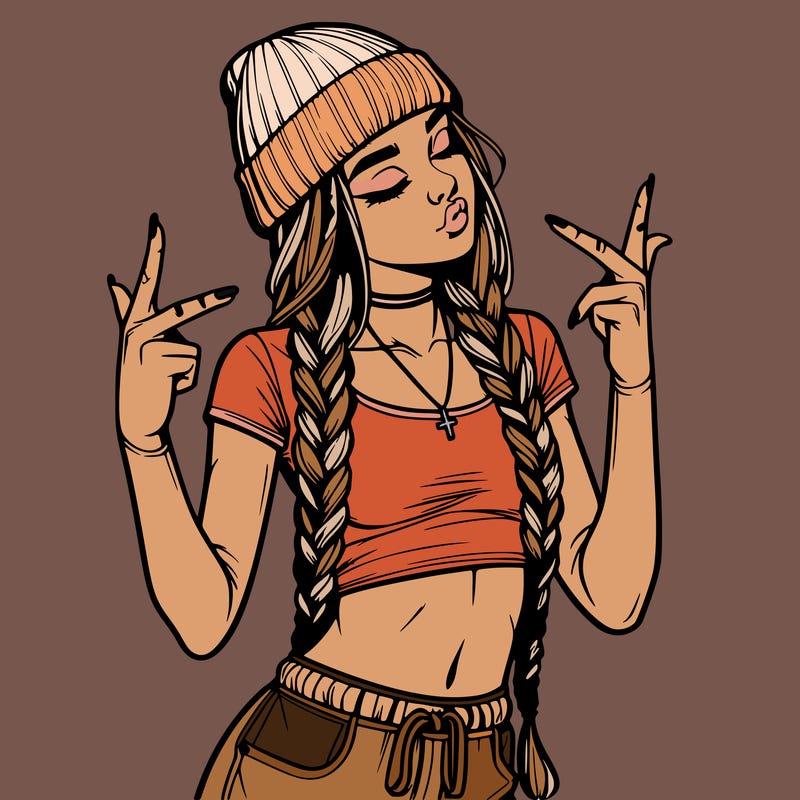 realistic teenage girl with braids and a beanie and crop top doing 🫶🏼