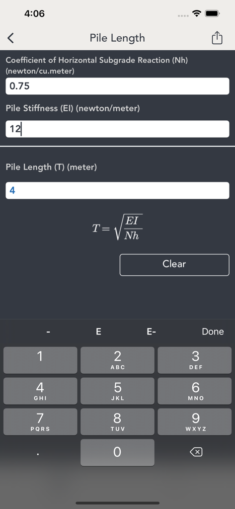 Mobile app interface showing a pile length calculator with input fields for subgrade reaction and stiffness