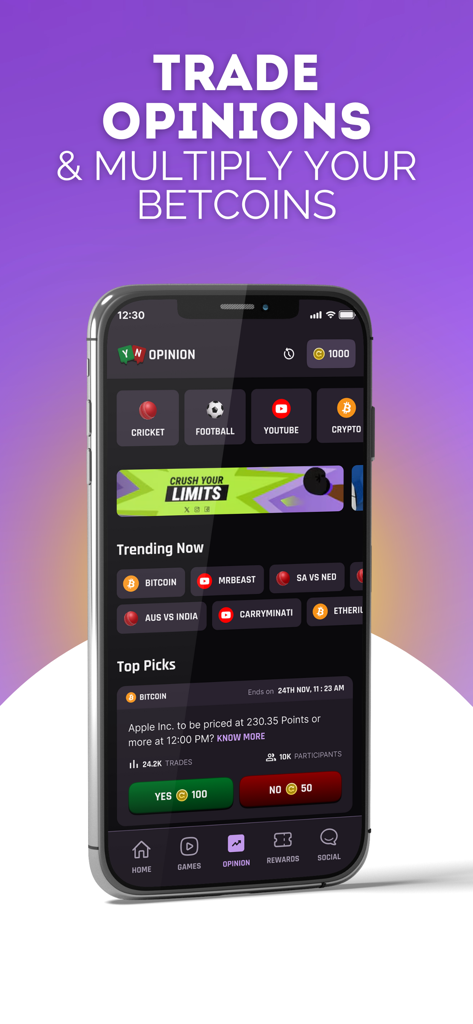 BeBetta: Join Sports Community - BeBetta app interface showing sports and crypto opinion polls