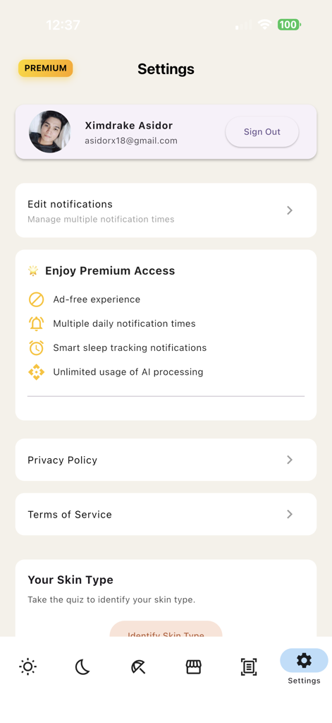 Tela de configurações do aplicativo Sky and Sol UV Tracker com detalhes da conta do usuário e benefícios de assinatura premium