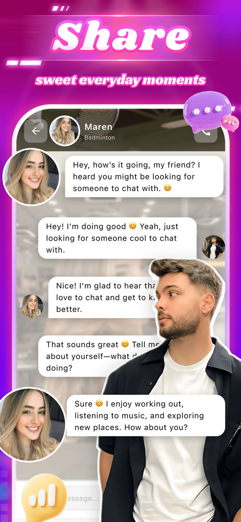 A friendly chat interface in the Mafun app showing a conversation with an AI partner named Maren.