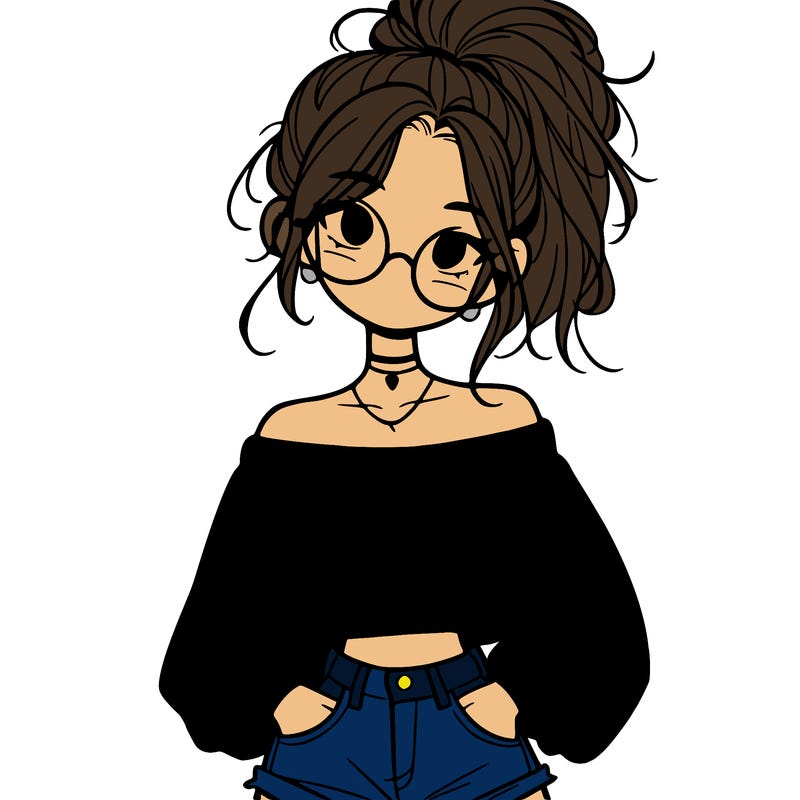 girl with a messy ponytail glasses a baggy crop top and jean shorts