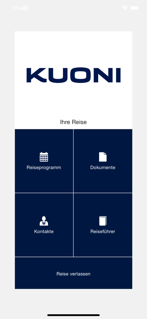 My Kuoni旅行アプリのメインダッシュボード。旅程、書類、連絡先、旅行ガイドが表示されています。