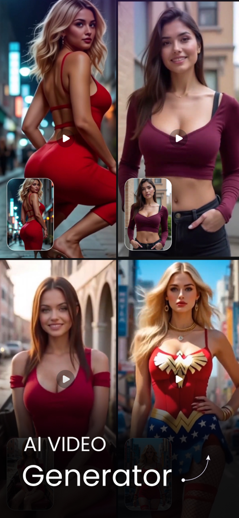 AI Video Generator: TrendVideo - A collage showing four examples of AI generated videos with different fashion and superhero templates