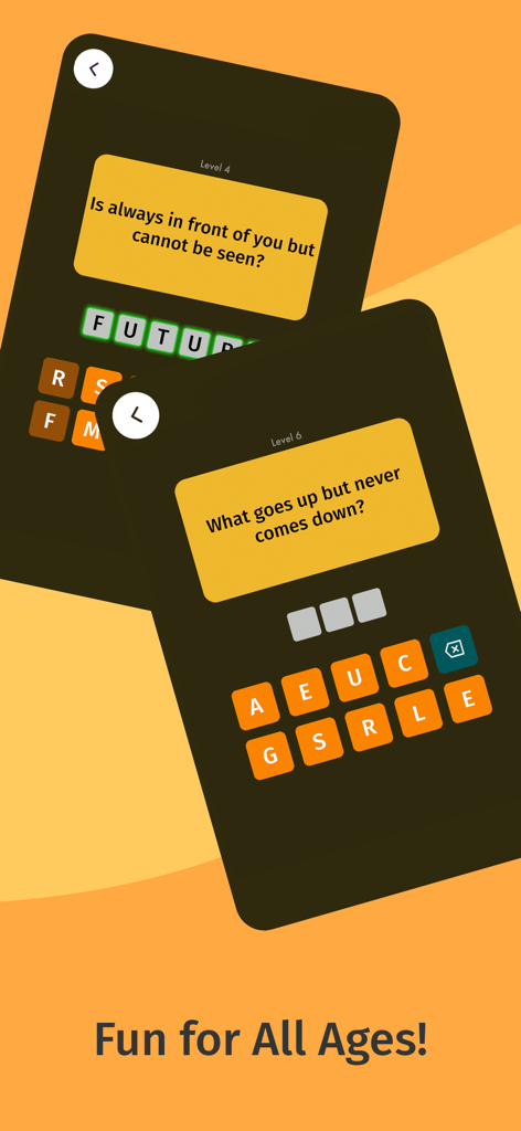 Just Riddles Puzzles - Two riddle cards from the Just Riddles Puzzles game showing brain teasing questions and letter tiles for answers