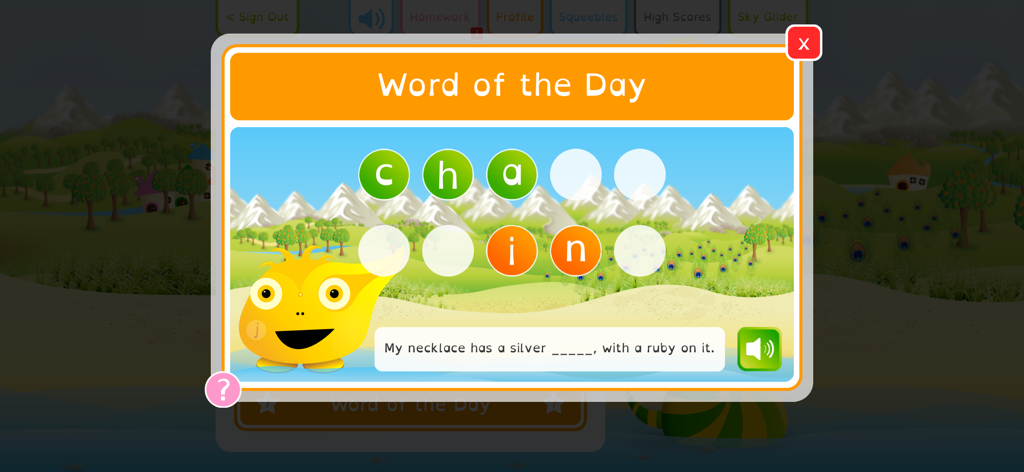 Squeebles Spelling Connect - A Word of the Day spelling challenge in the Squeebles Spelling Connect app where a child completes the word chain in a sentence