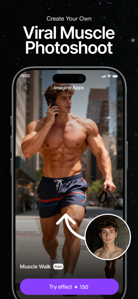 ImagineArt: AI Video Generator - Pantalla de la aplicación móvil que muestra el efecto de sesión de fotos viral con filtro muscular de IA de ImagineArt aplicándose a una foto