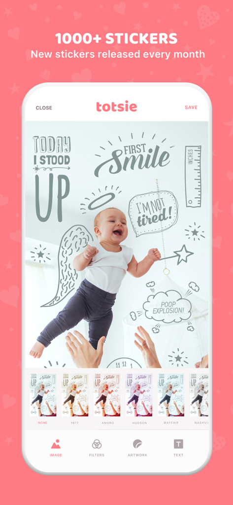 Totsie app interface showing a baby photo decorated with milestone stickers and photo filters