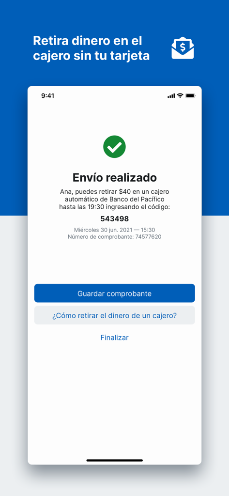 Banco del Pacífico - Pantalla de confirmación para un retiro de cajero automático sin tarjeta en la aplicación móvil de Banco del Pacífico