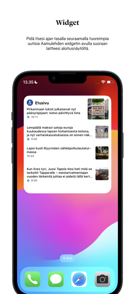 Aamulehti - Aamulehti news widget on an iPhone home screen displaying local Finnish headlines.