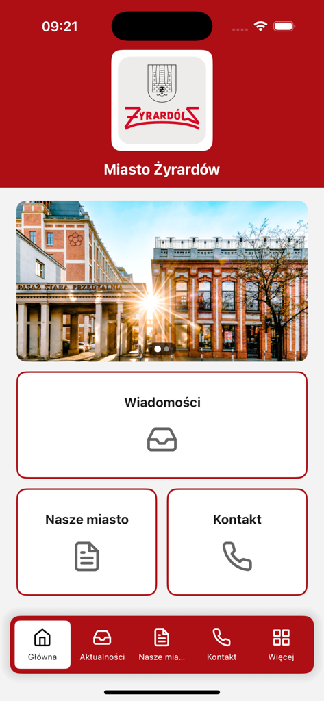 Miasto Żyrardów - Miasto Zyrardow app home screen showing municipal news and contact options