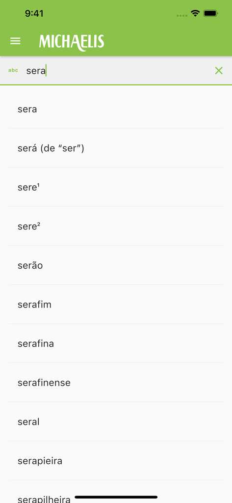 Dicionário Michaelis Português - Search screen of Michaelis Portuguese Dictionary showing a list of word suggestions