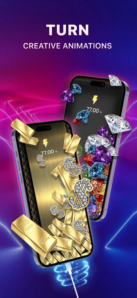 Magic Charger-Charge Animation - Two iPhones displaying luxury charging animations featuring gold bars, diamond dollar signs, and colorful gemstones.