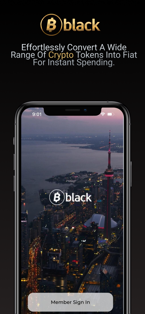 bblack app sign in screen for crypto to fiat conversion
