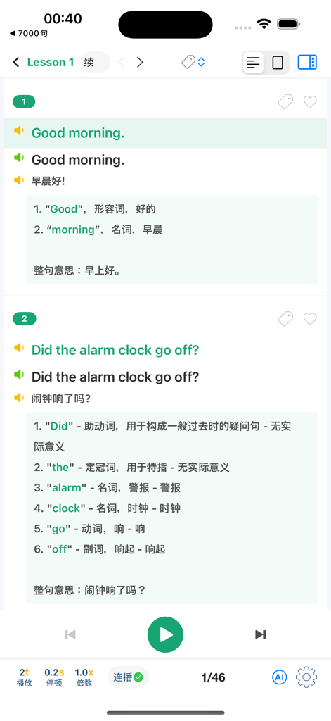 English language learning lesson with Chinese translations and vocabulary definitions