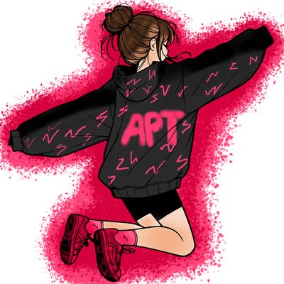 realistic girl jumping with a bun and oversized sweatshirt