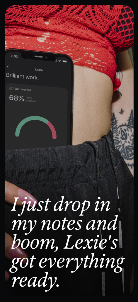 LexieLearn - A smartphone showing study progress in the LexieLearn app tucked into a pocket
