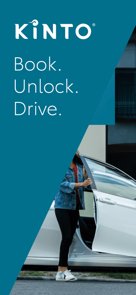 KINTO AU – Toyota Car Rental - KINTO AU app interface with the slogan Book Unlock Drive and a person entering a white Toyota rental car