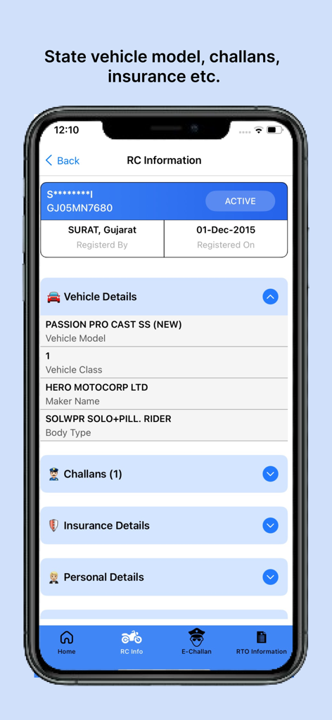 Interface do aplicativo RTO exibindo detalhes de registro e challan do veículo.
