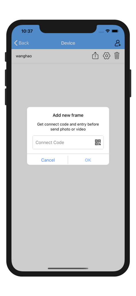 Interface for adding a new photo frame in the VPhoto app using a connection code