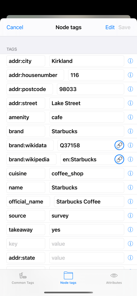 Go Map!! - Interfaz de la app Go Map mostrando las etiquetas de nodo editables de OpenStreetMap para una cafetería Starbucks.