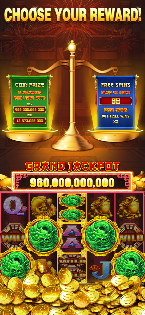 Slots Riches - Casino Slots - In-game screen showing a choice between a massive coin prize and 88 free spins above a grand jackpot slot machine.