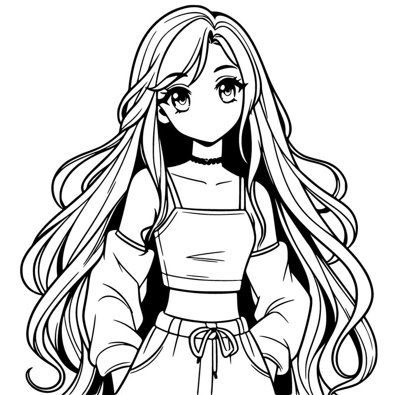 pretty anime girl in a crop top with long hair