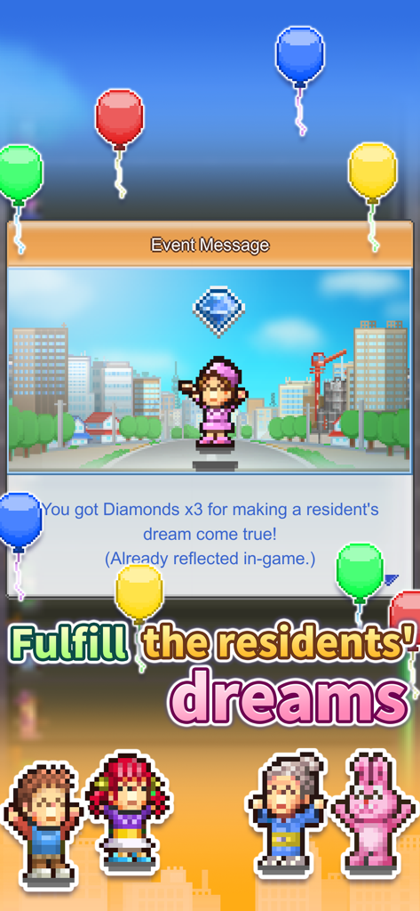 Dream Town Story - Una captura de pantalla de un juego de arte pixelado que muestra una recompensa por cumplir el sueño de un residente en Dream Town Story