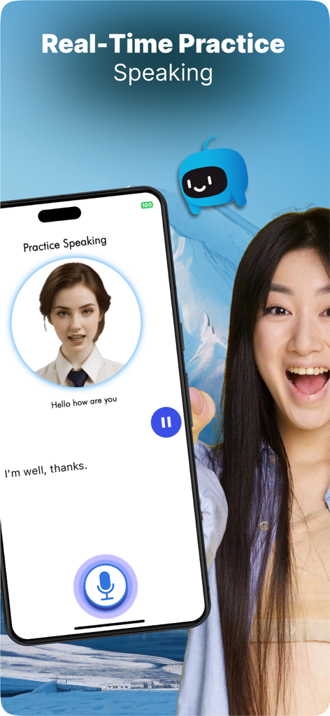 Speak & Translate Languages AI - Uma mulher praticando inglês com um tutor de IA no aplicativo móvel Speak and Translate.