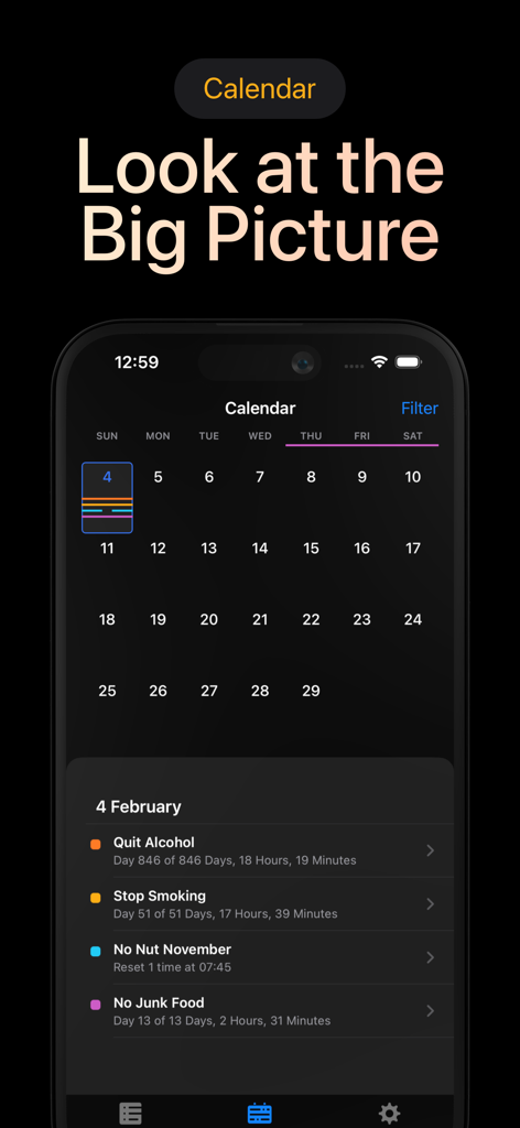 Days Since: Quit Habit Tracker - Vista de calendario en la aplicación Days Since que muestra rachas y progreso para múltiples hábitos como dejar el alcohol y el tabaco.