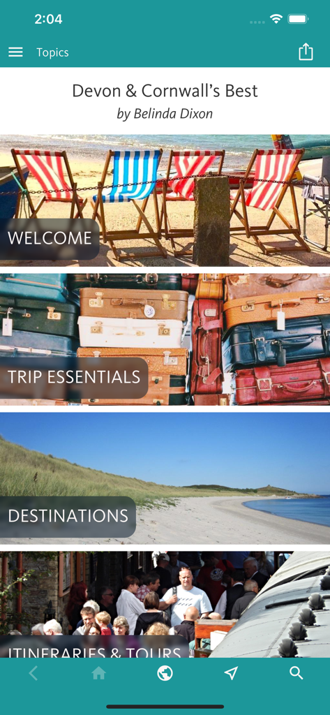 여행 계획 카테고리를 보여주는 데본 및 콘월 여행 가이드 앱의 메인 메뉴 화면