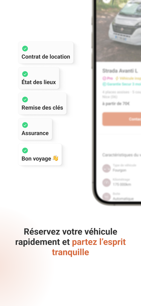 Wikicampers - Mobile screen showing steps for a secure RV rental including contract inspection and insurance