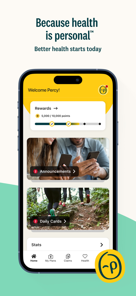 L'écran d'accueil de l'application Personify Health affiche la progression des récompenses de l'utilisateur et ses fiches d'activité quotidienne.