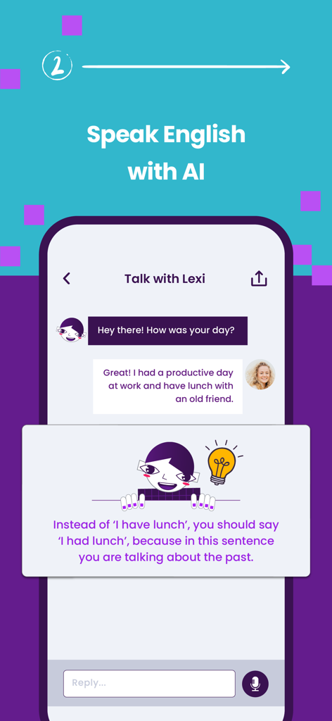 Interface of the WordUp app featuring an AI chat with Lexi for English language learning and grammar correction